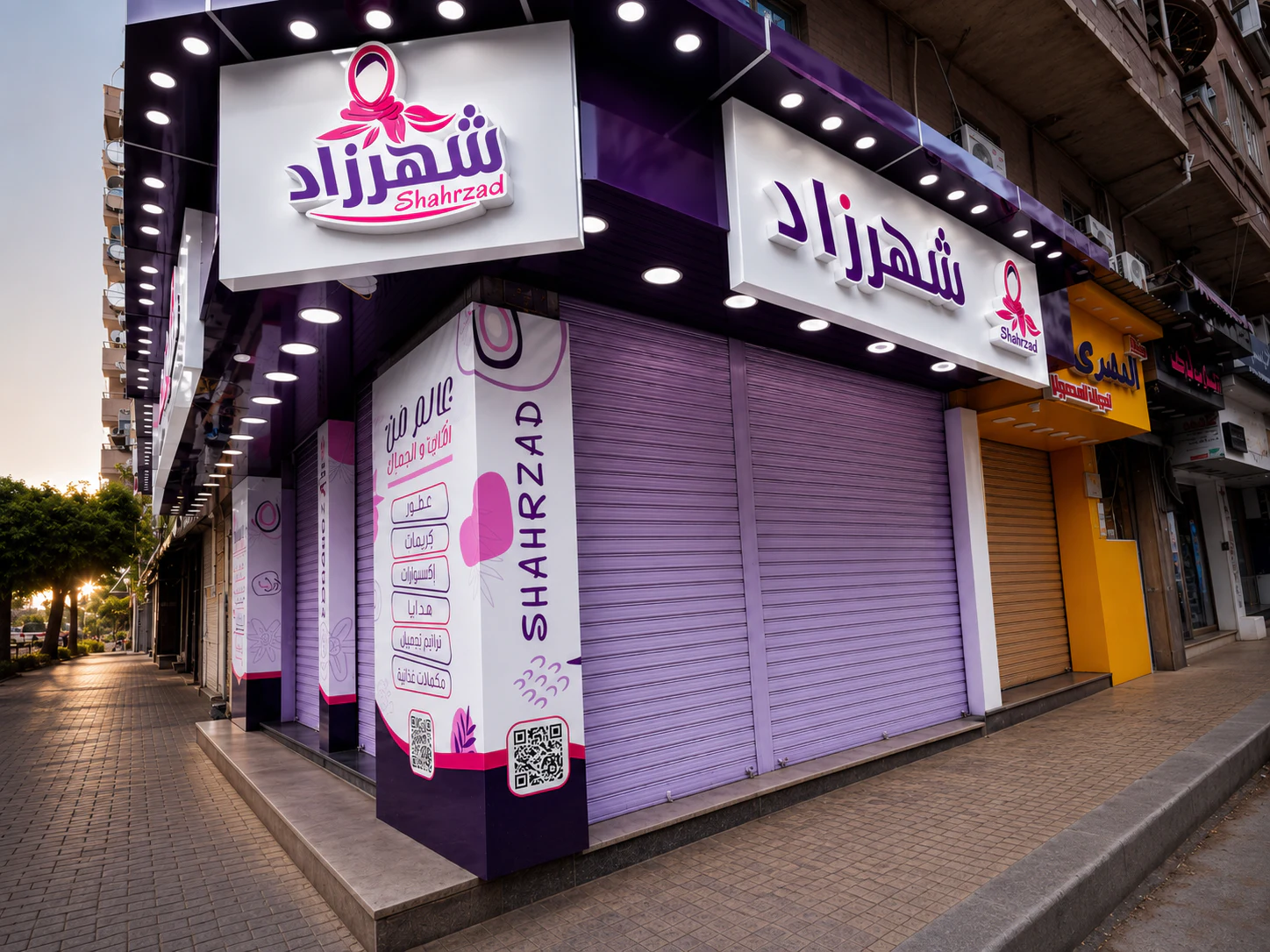 SHAHRZAD — واجهة ركنية بكسوة بنفسجية ولافتات بارزة وحروف مضيئة مع سبوتات سقفية. من تنفيذ أبو الخير